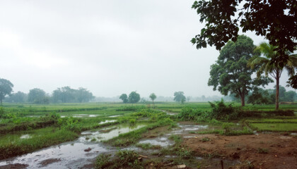 Serene Paddy Fields Under a Misty Sky