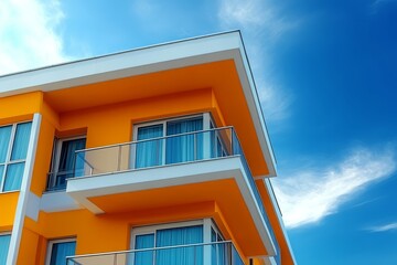 Close-up view of a modern apartment building with balconies, set against a white and blue sky, captured from a low angle.