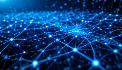 Futuristic data network with glowing blue connections and digital pathways