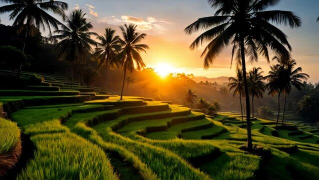 Tropical Sunrise Over Lush Green Rice Terraces & Palm Trees - Scenic Landscape Video