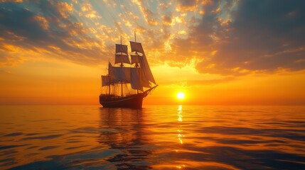Obraz premium Sunset sailing ship ocean voyage dramatic cloudscape travel