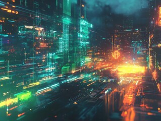 Fototapeta premium Futuristic cyberpunk city with neon glowing lights.