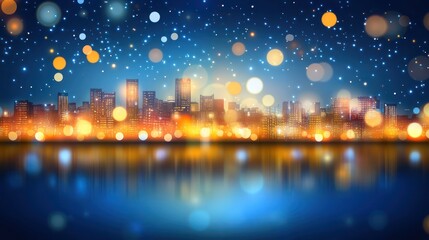 Night city skyline, bokeh lights, water reflection, snowfall, holiday card