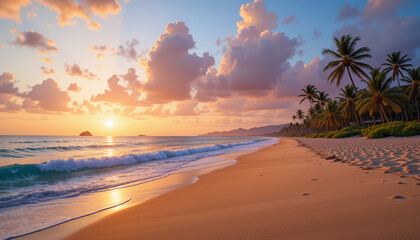 Tranquil beach sunset with golden sand, ocean waves, and colorful sky