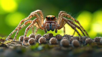Wolf spider guarding eggs, forest floor, bokeh background, nature photography