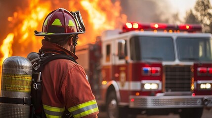 Firefighter in action against the backdrop of a burning building. Firefighters in action.
