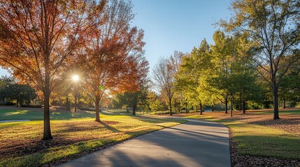 Obraz premium A sunlit autumn scene where trees with colorful leaves create a warm glow around a walking trail, inviting a peaceful stroll through nature.