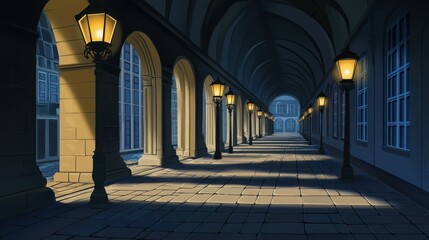 Nighttime arcade, city hall, lamps, shadows, architecture, illustration, background, game design