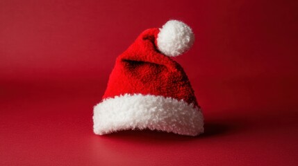 Red Santa hat on red background, holiday card design
