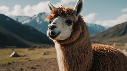 Obraz premium Portrait of a Smiling Alpaca in the Mountains Landscape
