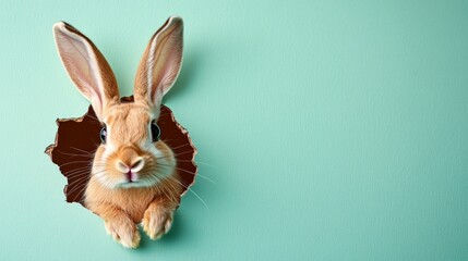 Obraz premium Curious Easter Bunny Peeking Through a Torn Hole in a Pastel Green Wall, Spring Festivities