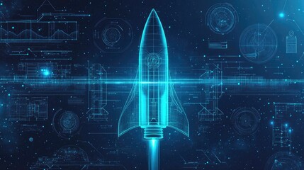 High-tech rocket design with holographic blueprint elements on a deep space blue backdrop