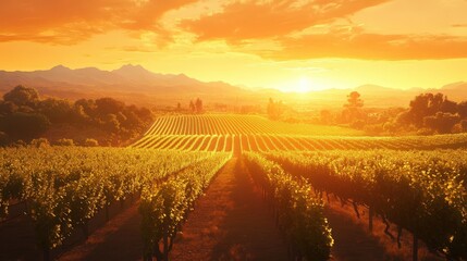 A sunset over a sprawling vineyard, with the golden rays of the sun casting long shadows over the grapevines, as the sky turns into a soft orange glow.