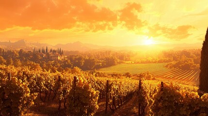 Fototapeta premium A sunset over a sprawling vineyard, with the golden rays of the sun casting long shadows over the grapevines, as the sky turns into a soft orange glow.