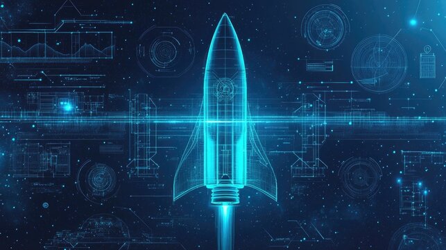 High-tech rocket design with holographic blueprint elements on a deep space blue backdrop