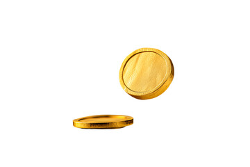 Gold coins flipping in mid air against a transparent background