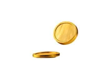 Gold coins flipping in mid air against a transparent background
