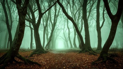 A hauntingly beautiful misty forest, soft clouds drifting through the ancient woodland.