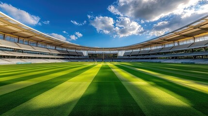 Fototapeta premium A high-energy cricket field, bathed in golden light, showcasing a modern sports venue.
