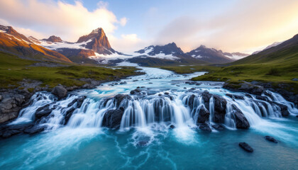 Fototapeta premium Icelandic Waterfall Serenity: Majestic Mountains and Turquoise Waters