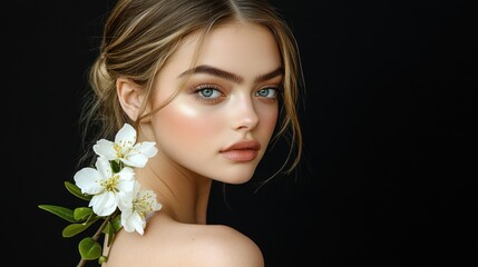 Naklejka premium Woman, beauty, portrait, flowers, studio, black, background, skincare, advertising