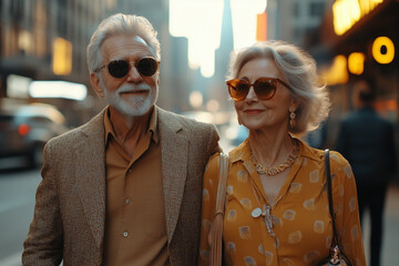 A fashionable elderly couple confidently strolls through the bustling city streets. Dressed elegantly, they embody timeless style and sophistication in an urban setting
