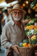 An elderly man with a stylish hat and glasses holds a basket full of fresh vegetables at a farmer’s market. He smiles warmly, enjoying a relaxed shopping day