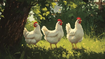 Fototapeta premium Chickens in a sunlit garden