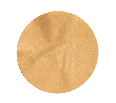 textured crumpled sticker circle paper cardboard price tag sticker with copy space, featuring a cutout transparent background for easy integration into office designs