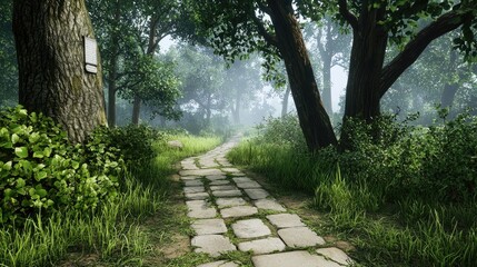 Fototapeta premium A quiet foggy forest path disappearing into mist, the atmosphere charged with mystery.