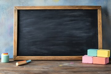 Empty chalkboard, pastel chalks, wooden table, blurred background, education
