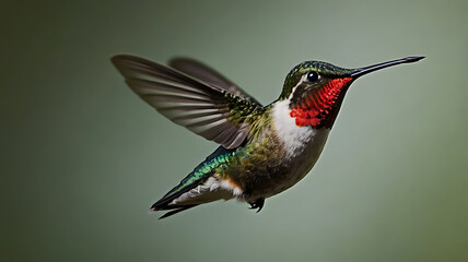 Naklejka premium Ruby-throated Hummingbird Flying with Wings Spread in Natural Light