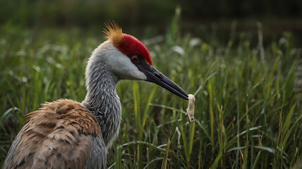 Fototapeta premium Sandhill Crane Eating Rodent in Grassy Field Close Up Wildlife Scene