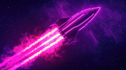 Rocket made of neon lines glowing against a deep purple and pink cosmic background