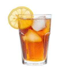 A refreshing glass of iced tea with lemon and ice cubes, exuding a chilled and inviting appearance, Transparent background.