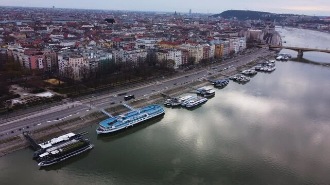 Aerial establishing Margaret Bridge in Budapest, Hungary, structure and passing vehicles