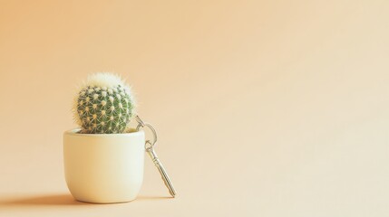 Tiny cactus keychain in a mini pot on a sandy beige backdrop