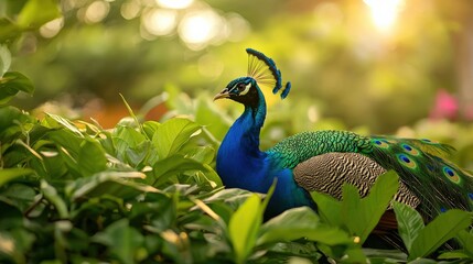 A peacock spreading its vibrant feathers in a lush garden.