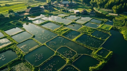 A vibrant carp farm with ponds filled with different species of carp thriving under ideal conditions.