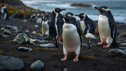 Standing Penguins on a Black Sand Beach with Wavy Ocean Background
