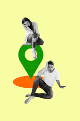 Vertical photo collage of two unhappy girl guy sit together barefoot geolocation icon lost...