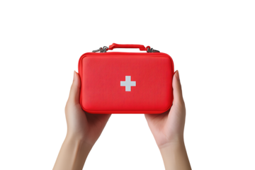 A hand holding a red first aid kit isolated on white background PNG. AI GENERATED