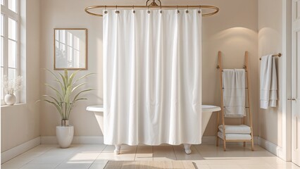 A bright, minimalist bathroom showcasing a white shower curtain with subtle folds. The high-quality polyester liner creates a clean, waterproof barrier, making it a perfect mockup for bath décor 
