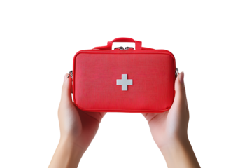 A hand holding a red first aid kit isolated on white background PNG. AI GENERATED