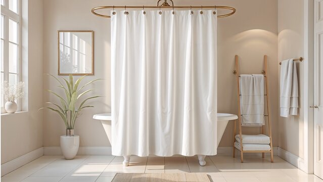 Fototapeta A bright, minimalist bathroom showcasing a white shower curtain with subtle folds. The high-quality polyester liner creates a clean, waterproof barrier, making it a perfect mockup for bath décor 