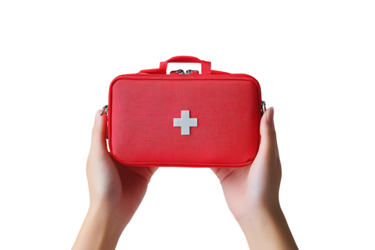 A hand holding a red first aid kit isolated on white background PNG. AI GENERATED