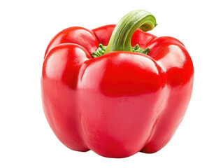 A vibrant red bell pepper with a glossy surface and a green stem, Transparent background.