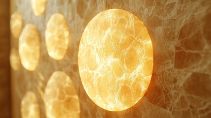 Warm, glowing circular lights embedded in a light beige stone wall
