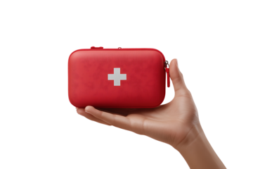 Female hand holding red first aid medical kit bag isolated on white background PNG. AI GENERATIVE