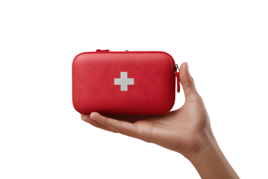 Female hand holding red first aid medical kit bag isolated on white background PNG. AI GENERATIVE